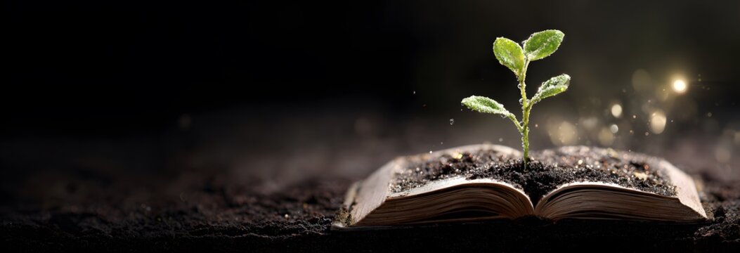 Close-up of a Book Growing Green Sprouts in the Morning Sun: Knowledge is Power, Bible Study Class Material	