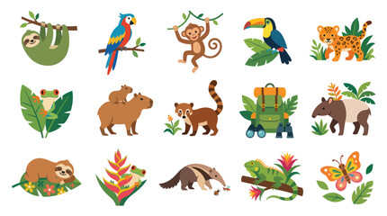 Fototapeta premium Cute Jungle Animals and Plants Flat Vector Illustration