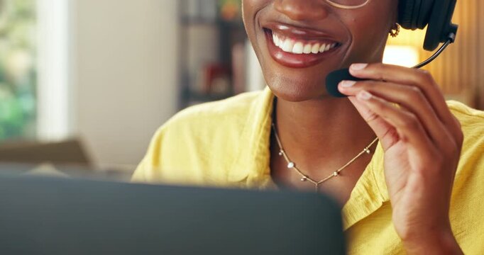 Call center, laptop or mouth in home office with headset, contact us or crm service in remote work. WFH, happy woman or consultant in house with mic, online inquiry or feedback in customer support.