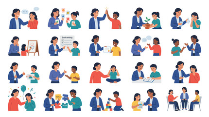 Fototapeta premium Diverse people in educational, mentoring, and supportive interactions, flat vector style