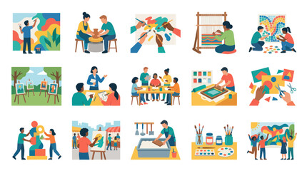 Naklejka premium Diverse Art and Craft Activities for Kids and Adults, Flat Style Illustration