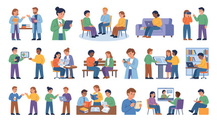 Fototapeta premium Diverse people learning and interacting with technology and books, flat vector style