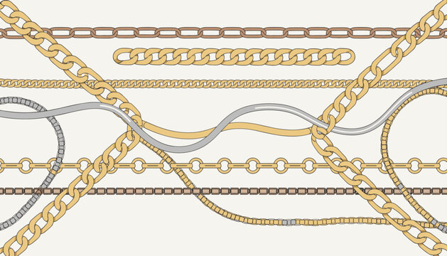 Seamless fashion pattern showcasing a variety of interlocking gold, silver, and bronze chains on a cream background.