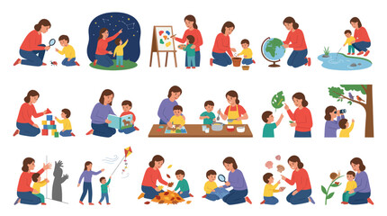 Fototapeta premium Early Childhood Education Development Flat Vector Illustration Set: Adult and Kids Learning Activities