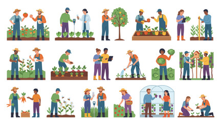 Fototapeta premium Flat Illustration of Farmers Tending Crops and Vegetables in Garden