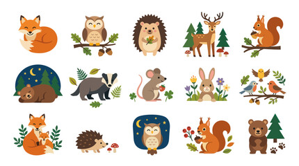 Obraz premium Cute Forest Animals Collection - Vector Art, Flat Style, Nature Wildlife