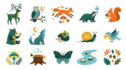 Fototapeta premium Cute Woodland Animals Collection Flat Vector Illustration
