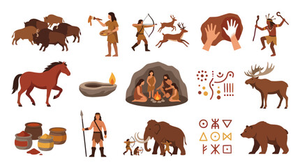 Fototapeta premium Prehistoric Stone Age Life Flat Vector Illustration Set. Ancient Humans, Cavemen Culture, Animals Primitive Symbols