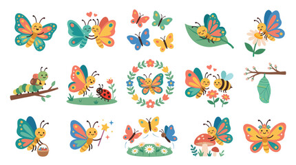 Naklejka premium Cute Cartoon Butterflies and Insects Vector Illustration, Flat Style