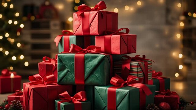 Cozy holiday scene with vibrant red and green gifts stacked shining warmly for Christmas celebration