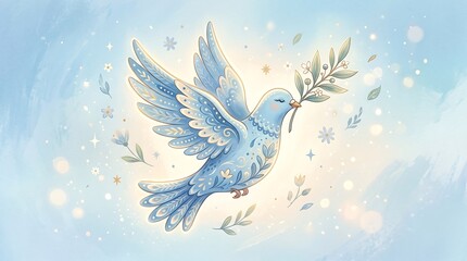 Obraz premium Flying Dove Holding Olive Branch in Snowy Sky