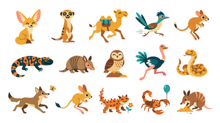 Obraz premium Cute Cartoon Flat Desert Animals Vector Set for Kids Education. Wildlife Collection: Fennec Fox, Camel, Ostrich.