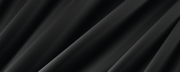 Obraz premium Abstract black silk fabric background with soft elegant waves. Luxury dark curtain wavy texture satin pattern vector illustration template for premium product banner design.