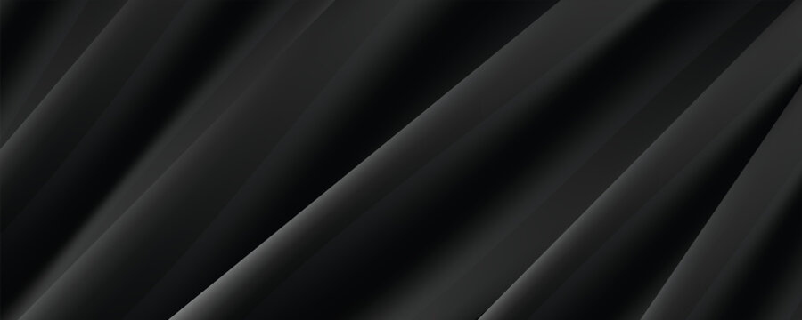 Abstract black silk fabric background with soft elegant waves. Luxury dark curtain wavy texture satin pattern vector illustration template for premium product banner design.