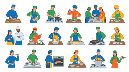 Fototapeta premium Professional Chefs Cooking Food Preparation Flat Vector Illustration Set