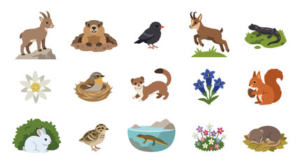 Obraz premium Flat Illustration of Alpine Wildlife and Flora: Chamois, Squirrel, Birds, Flowers