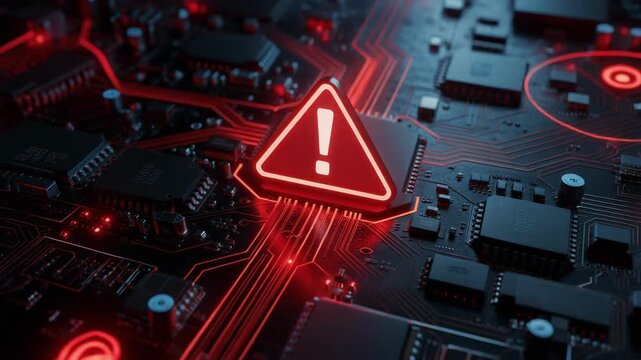 Dynamic video featuring a glowing red warning symbol on a detailed circuit board animation