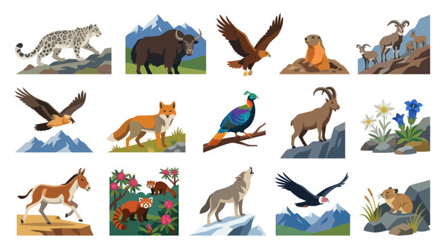 Mountain Wildlife Flat Vector Illustration Set: Animals, Birds  Flora Icons Collection for Nature  Ecology