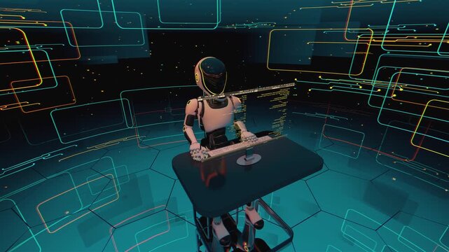 Seamless 3d animation loop of an artificial intelligence programmer in a high-tech cyberspace with digital screens and network background. Futuristic robot working on computer and writing code. 