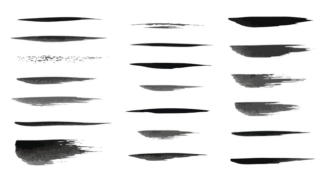 Black ink brush strokes set, hand drawn paint texture elements, artistic calligraphy ink smears and grunge underline vector collection