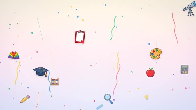 Education icons with colorful confetti and school supplies on bright graduation background