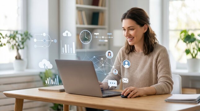 Smiling woman working on laptop with digital data icons, business analytics and cloud computing concept in modern home office environment.