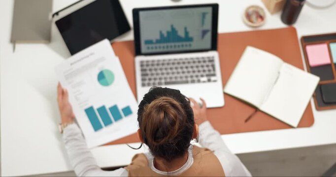 Above, woman and documents in office with laptop, HR data and analysis of employee retention rate. Person, paperwork and computer in business with human resources stats, graphs and staff turnover.