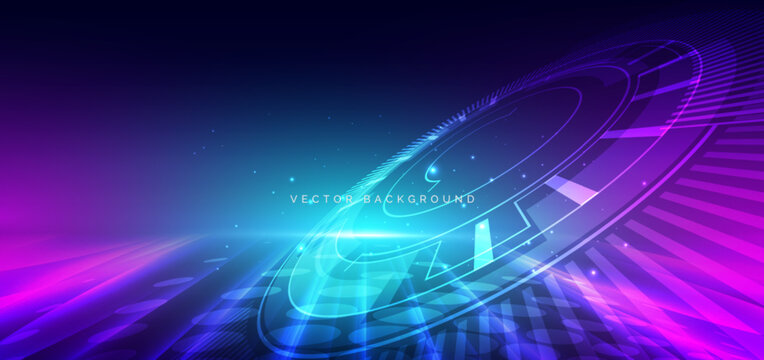Circle hi tech neon blue light ray on dark blue background. Futuristics technology concept.