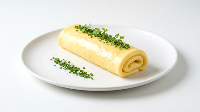 A perfectly smooth, golden frenchstyle rolled omelet garnished with fresh chives and herbs, isolated on white background