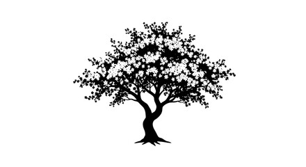 Silhouette of a lush fruit tree with many leaves and fruits. © Nb