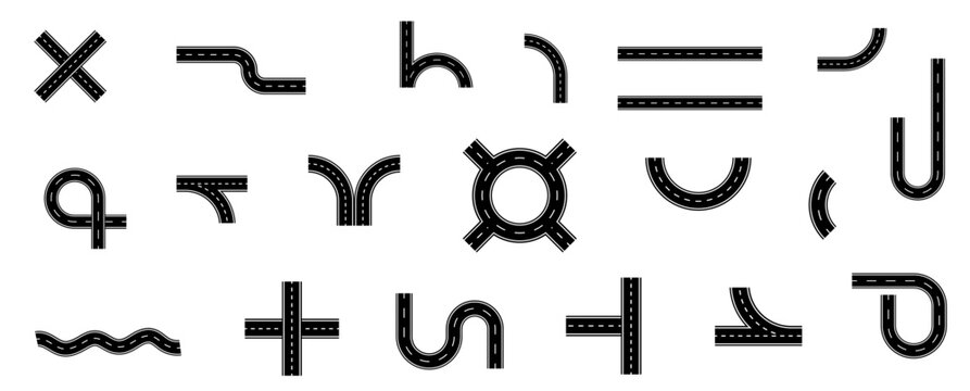 City road and highway top view. Street and road with footpaths and crossroads. Highway top view. Circle and curve roadway parts. Track asphalt junction. Automobile traffic. roads vector set