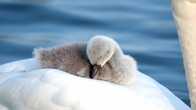 Adorable cygnet nestled on adult swan's back on calm blue water