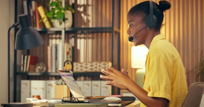 Call center, laptop and woman in home office with headset, helpline or crm service in remote work. WFH, black person or consultant in house with mic, online inquiry or feedback in customer support.