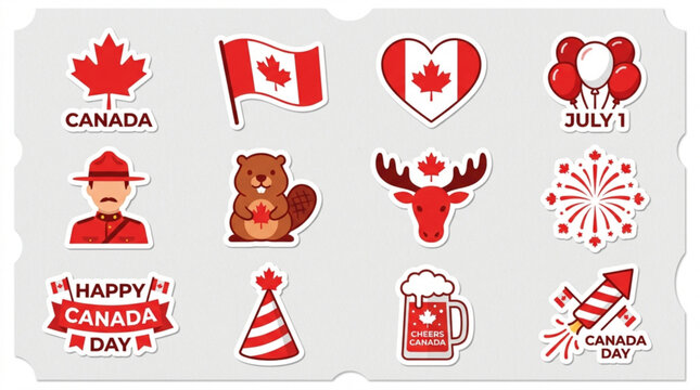 Canada day stickers red and white icons patriotic symbols