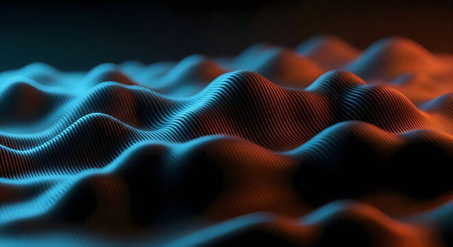 Abstract blue and orange wave pattern, futuristic mesh texture, glowing neon waves, dark background