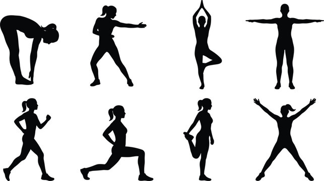 Women fitness exercises and yoga poses black vector silhouettes collection isolated on white background