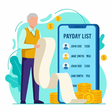 Man reviewing digital payday list on smartphone with money and finances