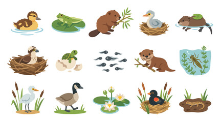 Obraz premium Cute Flat Cartoon Style Vector Icons of Pond and Wetland Animals, Birds, Insects, and Plants for Nature Education