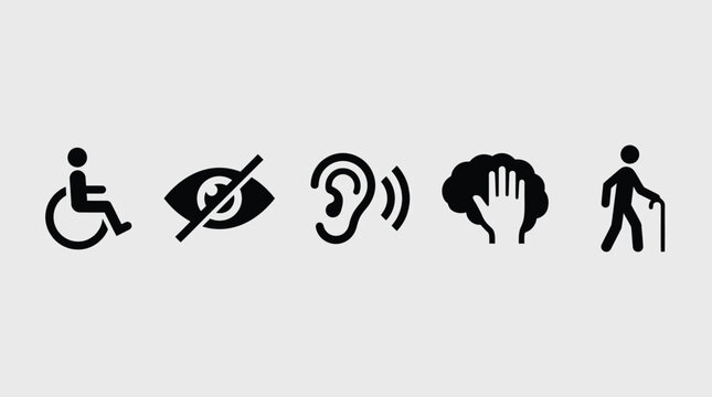 Five accessibility representing wheelchair, blindness, hearing, cognitive support, and elderly mobility assistance