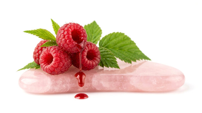 Fresh raspberries with green leaves and red juice dripping on a smooth pink rose quartz stone isolated on white background