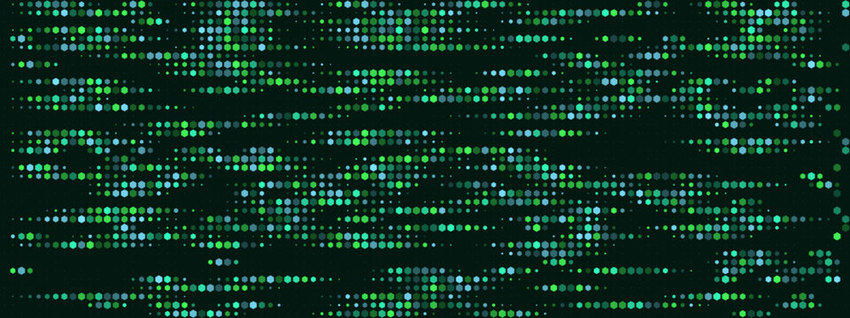 Digital Matrix Data Stream Background with Green and Blue Glowing Dots for Cyber Security and Technology Concepts