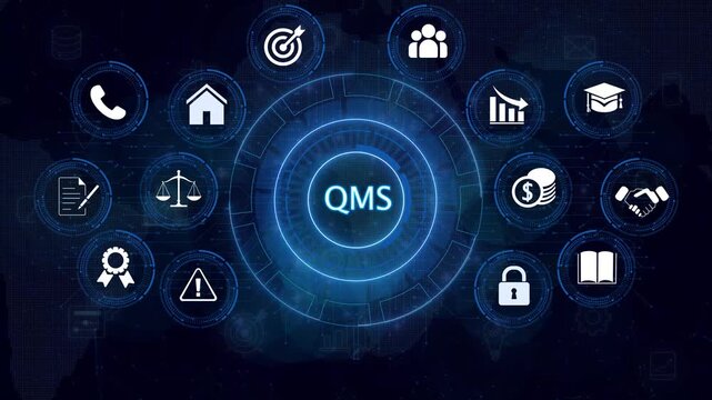 Abstract Hud knowledge ability business gear icon, abstract line concept. Abstract glitter text QMC business concept on the world map icon with alpha channel. 4k motion Technology and network concept
