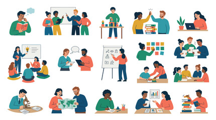 Fototapeta premium Flat Illustration: Education, Learning, Knowledge Concepts. People Studying, Teaching, and Mentoring Activities.