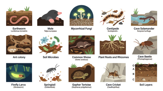 Educational Flat Vector Set: Underground Animals, Soil Organisms  Ecosystem Elements for Biology