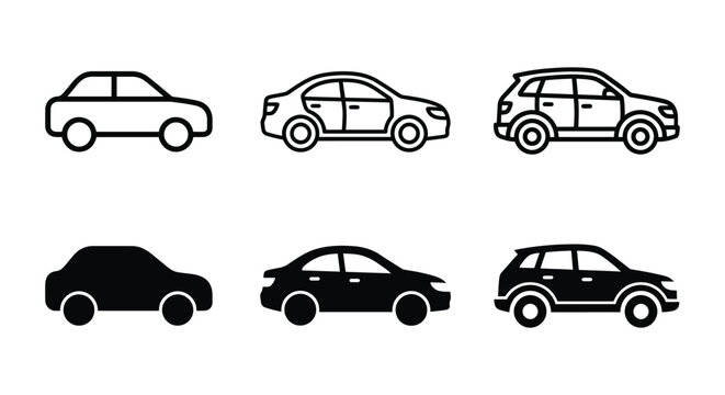 Car icon set representing vehicle types and transportation in outline and solid variations
