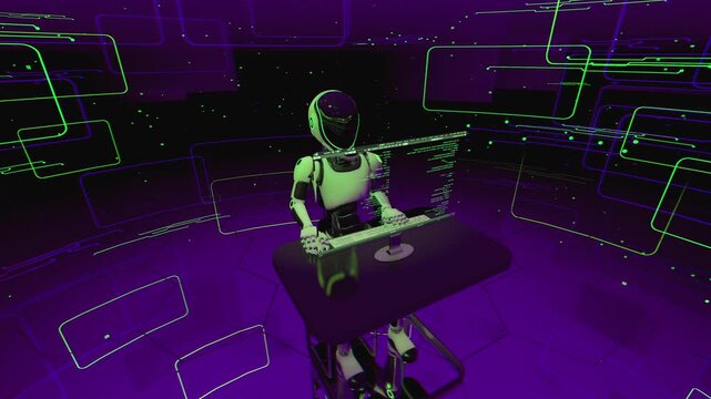 Seamless 3d animation loop of an artificial intelligence programmer in a high-tech cyberspace with digital screens and network background. Futuristic robot working on computer and writing code. 