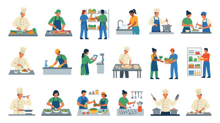 Fototapeta premium Flat Illustration of Chefs and Cooks Preparing Food in Kitchen