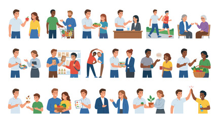 Fototapeta premium Diverse People Engaging in Healthy Lifestyle Wellness Activities - Flat Vector Illustration Set