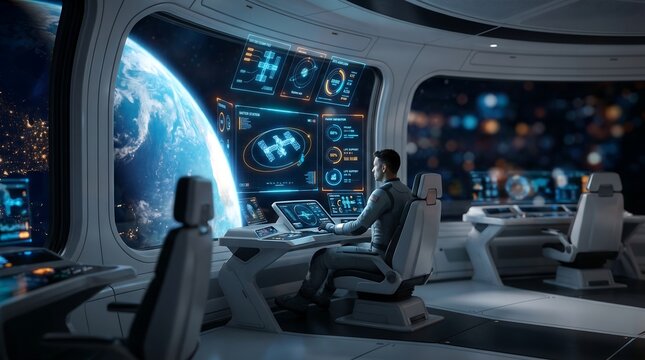Astronaut in futuristic spaceship bridge looking at earth through large window.