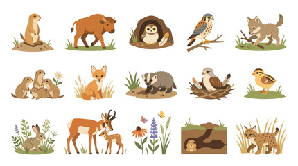 Fototapeta premium Cute Vector Wildlife Animals Illustration in Flat Style for Childrens Books
